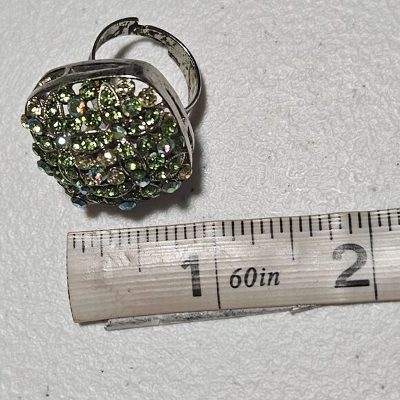 Vintage Rhinestone Square Cocktail Ring Adjustable Green Blue Stones Silver Tone - Picture 5 of 5